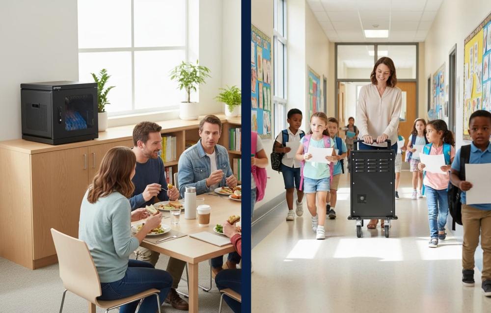 Vergelijking tussen een vaste oplaadkast en een verrijdbare oplaadkar in een schoolomgeving