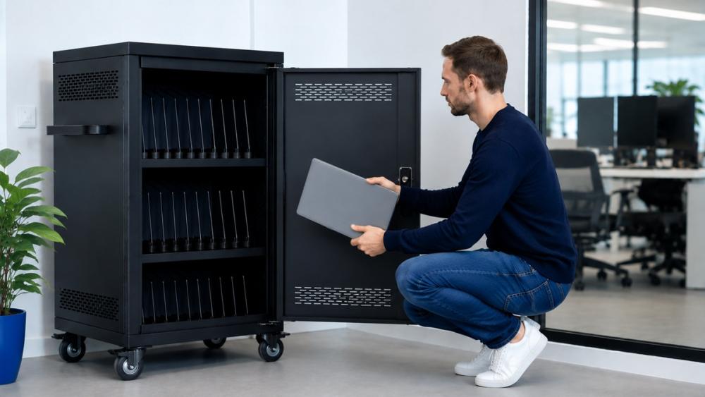 Oplaadkast met leenlaptops voor IT-beheer op kantoor