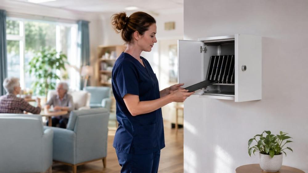 Oplaadkast met tablets in een verpleeghuis