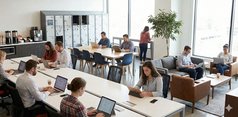 Oplaadlockers en laptops in een modern kantoor