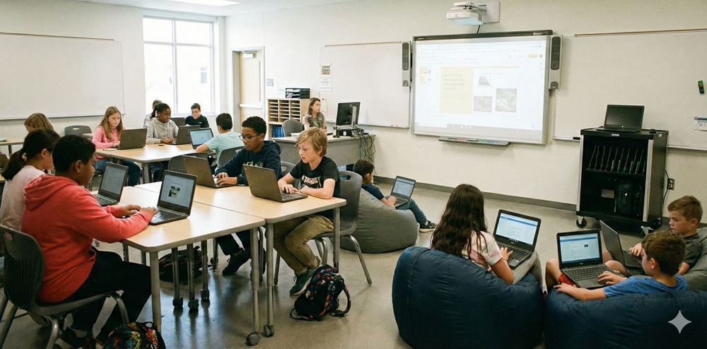 Oplaadkar met Chromebooks in een klaslokaal op een basisschool