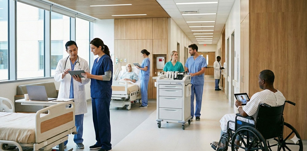 Oplaadlockers met tablets in een zorginstelling