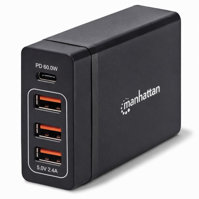 Zijaanzicht van de Manhattan 72 W 4-Port USB-A/C Power Delivery oplaadhub met zichtbare USB-poorten en logo.
