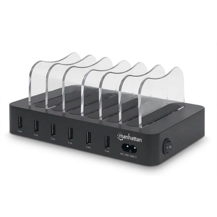 Zijaanzicht van het Manhattan 6 poorts USB-A oplaadstation met open laadcompartimenten en zichtbare USB-poorten.