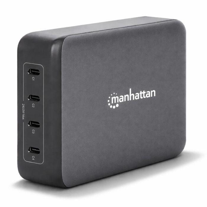 Zijaanzicht van de Manhattan 240 W 4-Port GaN USB-C Power Delivery oplaadhub met vier USB-C poorten.