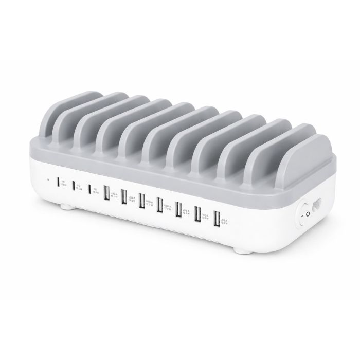 Zijaanzicht van het Manhattan 10 poorts USB Power Delivery oplaadstation met zichtbare oplaadpoorten en kabelbeheer.