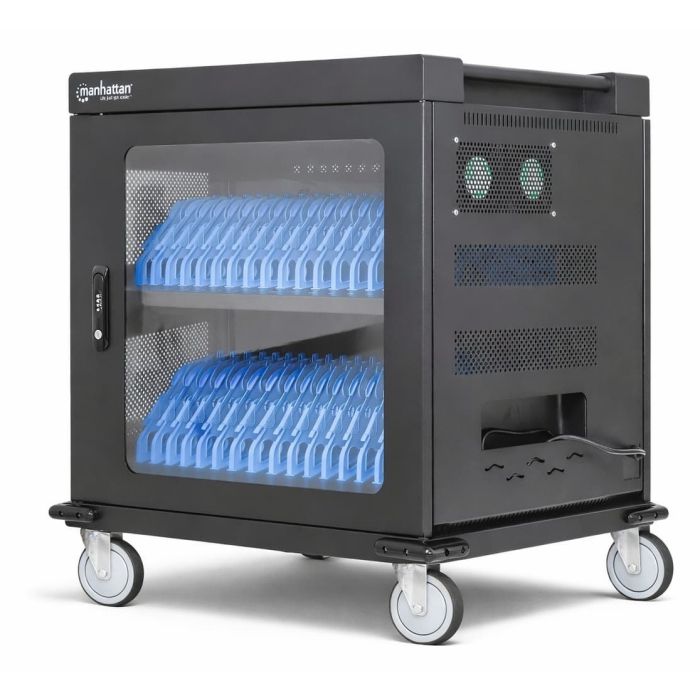 Zijaanzicht van de Manhattan AC oplaadkar met open compartimenten voor 32 tablets of laptops tot 15.6 inch, zichtbaar met blauwe houders.