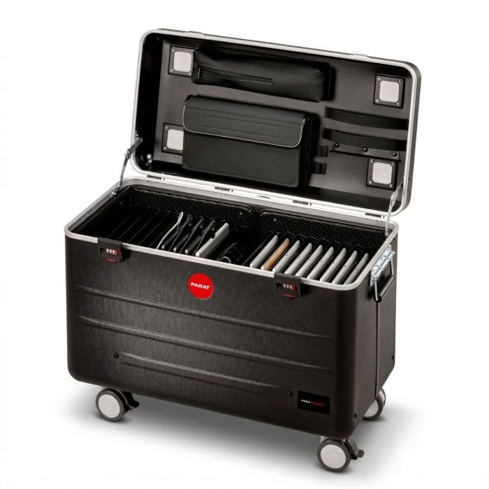 Open PARAT TC20 TwinCharge oplaadkoffer met ruimte voor 20 tablets, inclusief kabelbeheer en accessoires.