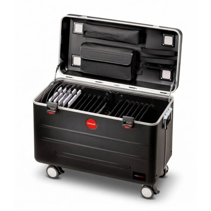 Open PARAT TC16 TwinCharge oplaadkoffer met zichtbare compartimenten voor 16 tablets en opbergruimte voor kabels.