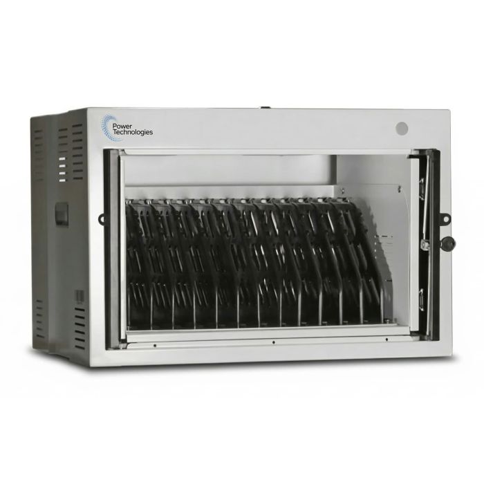 Zijaanzicht van de Power Technologies AC-MINI oplaadkast met open compartimenten voor 12 laptops.