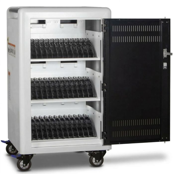 Open Power Technologies AC-PLUS-T-H65C USB-C oplaadkar met zichtbare compartimenten voor 36 apparaten en kabels.