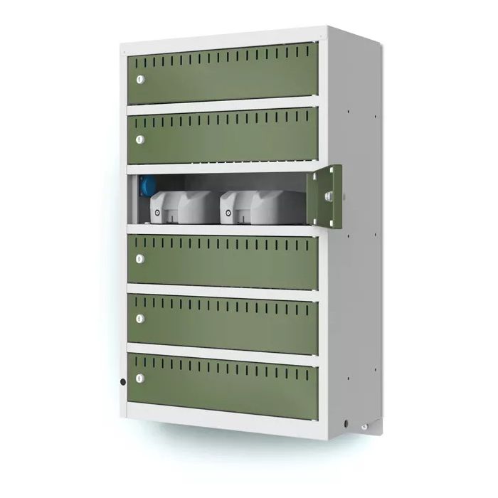 Zijaanzicht van de Lockeel wand laadlocker met 6 compartimenten, met een geopend compartiment dat de laadstations toont.