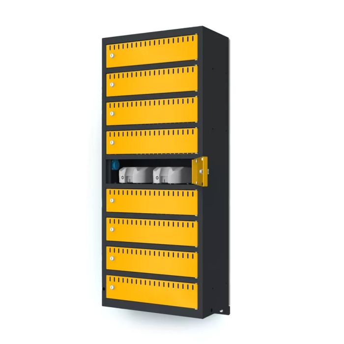 Zijaanzicht van de Lockeel wand laadlocker met 9 compartimenten, met een open compartiment en zichtbare laadconnectoren.