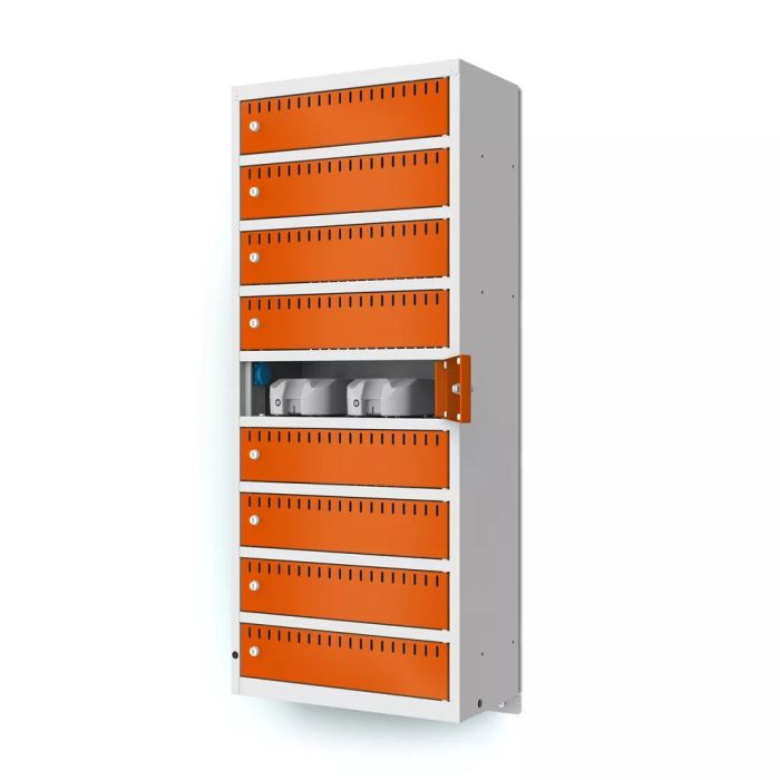Zijaanzicht van de Lockeel wand laadlocker met 9 compartimenten, met open compartimenten en zichtbare laadpoorten.