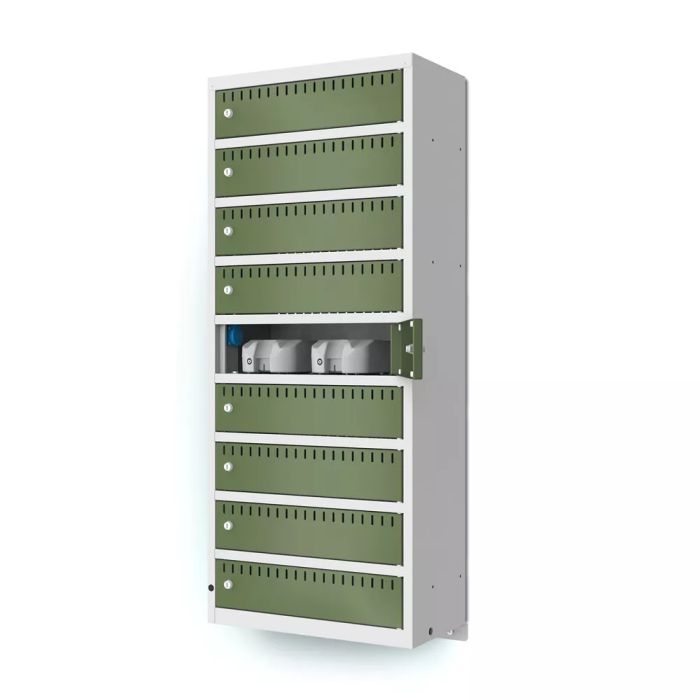 Zijaanzicht van de Lockeel wand laadlocker met 9 compartimenten, met een open compartiment en zichtbare kabelbeheermogelijkheden.