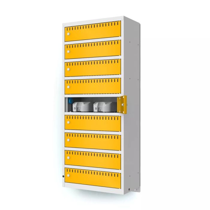 Zijaanzicht van de Lockeel wand laadlocker met 9 compartimenten, met een open compartiment en zichtbare laadpoorten.