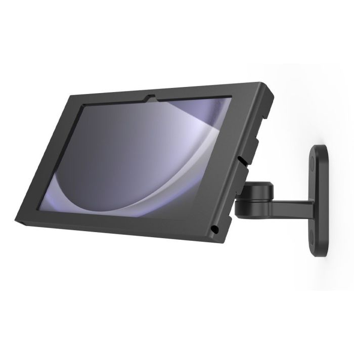 Zijaanzicht van de Compulocks Swing Apex wandhouder voor Samsung Galaxy Tab S11, gemonteerd aan de muur.