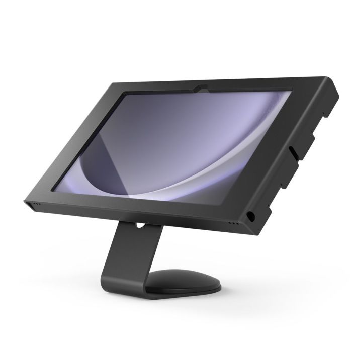 Zijaanzicht van de Compulocks Core Apex tafelhouder voor Samsung Galaxy Tab A11+ in zwart, met een stevige basis en een schuin geplaatste tablet.