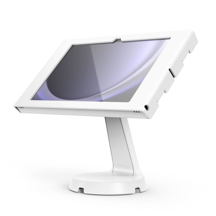 Zijaanzicht van de Compulocks Mast Apex tafelstandaard voor de Samsung Galaxy Tab A11+, met een schuin geplaatste tablet.