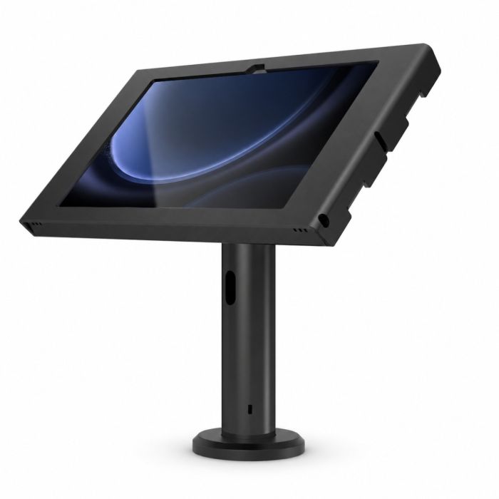 Zijaanzicht van de Compulocks Rise tafelhouder voor Samsung Galaxy Tab S10 Lite, met een schuin geplaatste tablet.