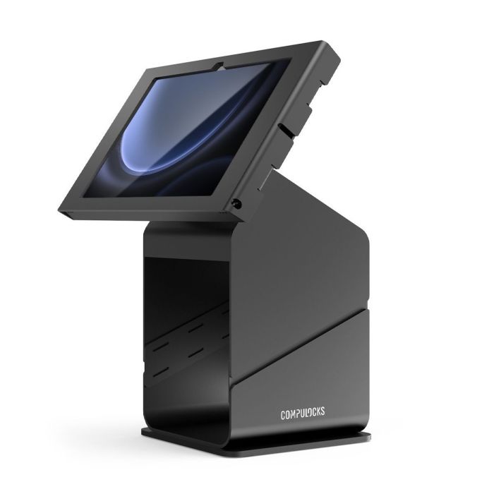Zijaanzicht van de Compulocks tabletprinter kiosk met een Samsung Galaxy Tab S11, zwart, met een hellend scherm voor gebruik.