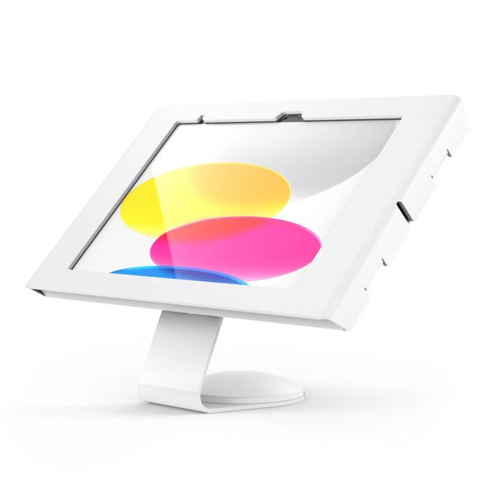 Zijaanzicht van de Compulocks Core Apex tafelhouder voor iPad, met een heldere schermweergave en een stevige voet.
