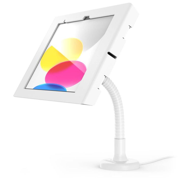 Zijaanzicht van de Compulocks Flex Apex tafelhouder voor iPad, met een flexibele arm en een heldere display.