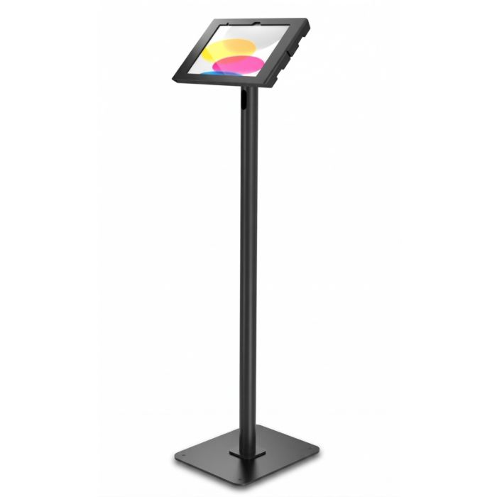 Zijaanzicht van de Compulocks Swift Apex vloerstandaard voor iPad, zwart, met een heldere display in gebruik.