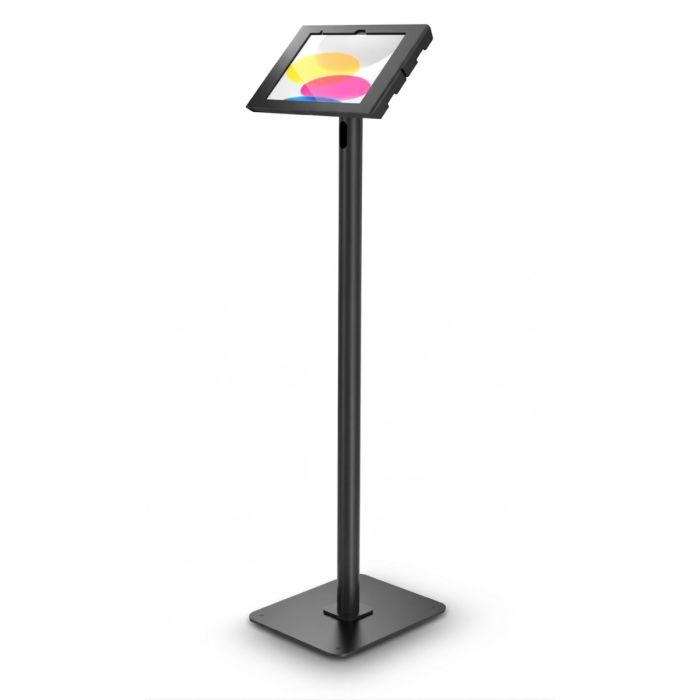 Zijaanzicht van de Compulocks Swift Swell vloerstandaard voor iPad, zwart met een heldere display in gebruik.