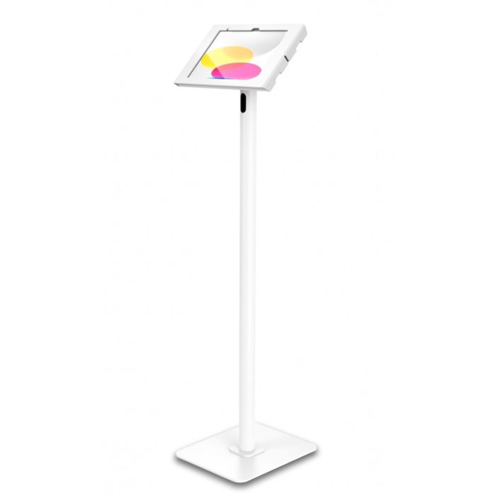 Zijaanzicht van de Compulocks Swift Apex vloerstandaard voor iPad, met een heldere display en stevige basis.