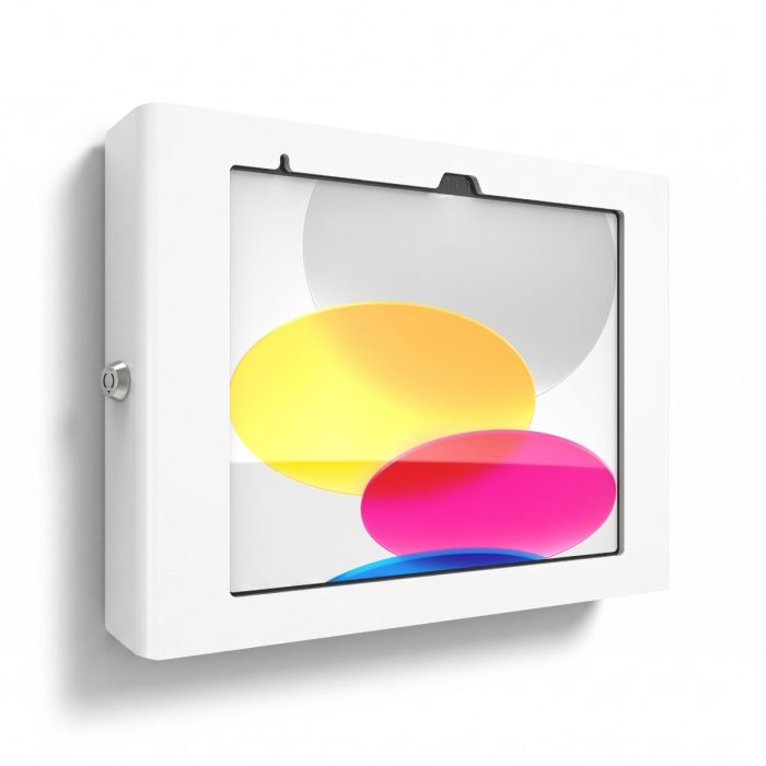 Zijaanzicht van de Compulocks Apex wandhouder voor iPad met kleurrijke achtergrond, gemonteerd aan de muur.