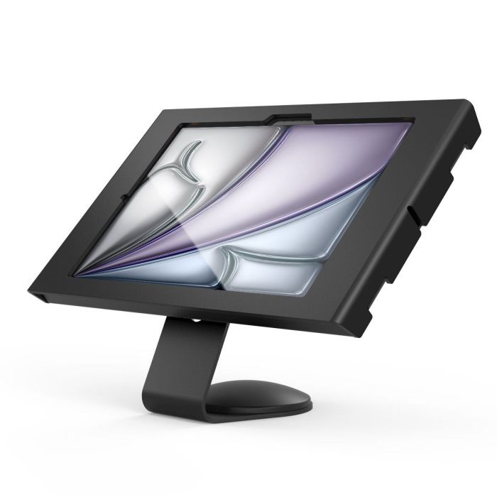 Zijaanzicht van de Compulocks Core Apex tafelhouder voor iPad Air 11 inch, zwart, met een stevige voet en een moderne uitstraling.