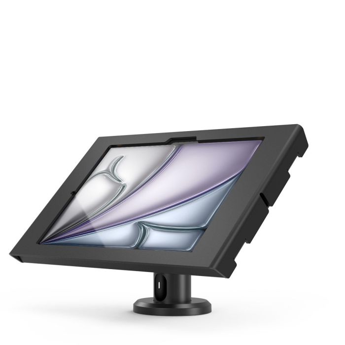 Zijaanzicht van de Compulocks Rise tafelhouder voor iPad Air, met een verstelbare hoek en een stevige basis.