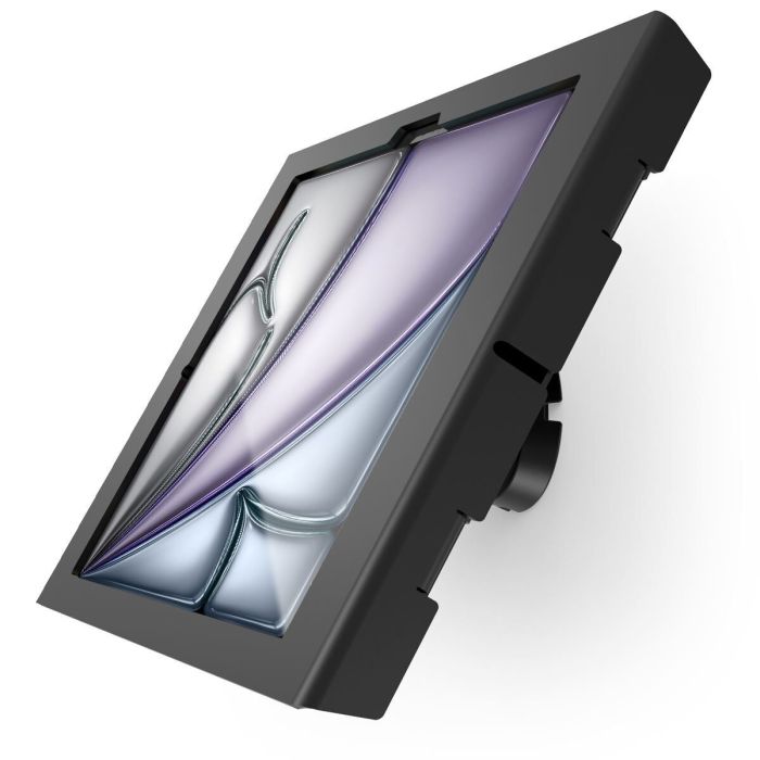 Zijaanzicht van de Compulocks Bow Apex wandhouder voor iPad Air 13 inch, zwart, met een moderne afwerking en bevestigingsdetails.