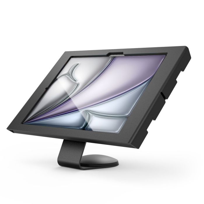 Zijaanzicht van de Compulocks Core Apex tafelhouder voor iPad Air, met een elegante zwarte afwerking en een stevige basis.