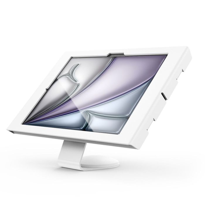 Zijaanzicht van de Compulocks Core Apex tafelhouder voor iPad Air, met een moderne, witte afwerking en een stevige basis.