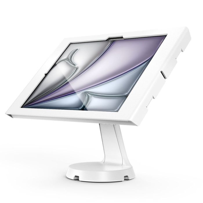 Hoekzicht van de Compulocks Mast Apex tafelstandaard voor iPad Air, met een moderne witte afwerking en een stevige basis.
