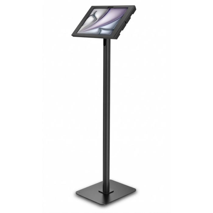 Zijaanzicht van de Compulocks Swift Apex vloerstandaard voor iPad Air, zwart, met een iPad in een hoek van 45 graden.