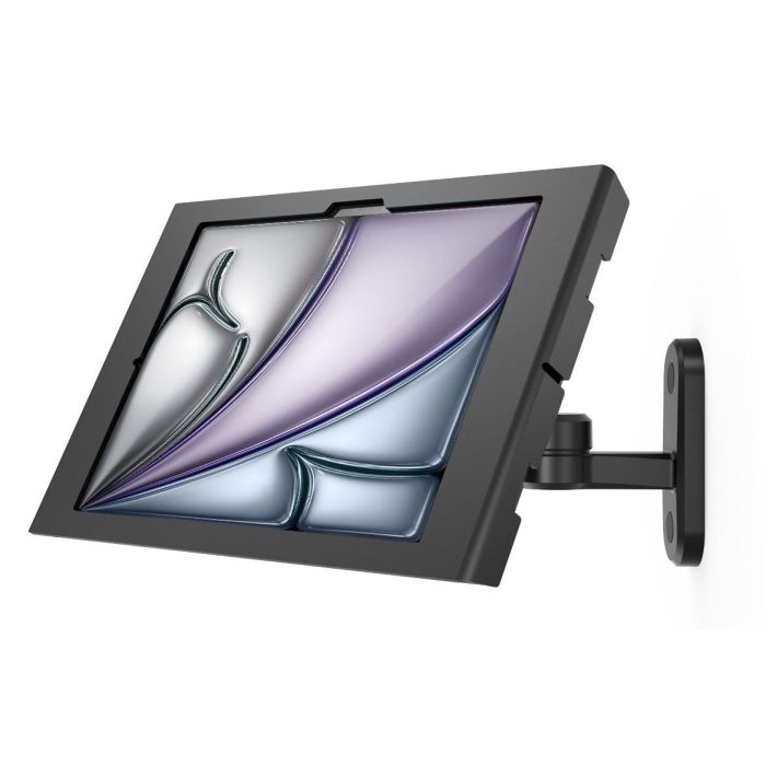 Zijaanzicht van de Compulocks Swing Apex wandhouder voor iPad Air, gemonteerd aan de muur met een elegante zwarte afwerking.