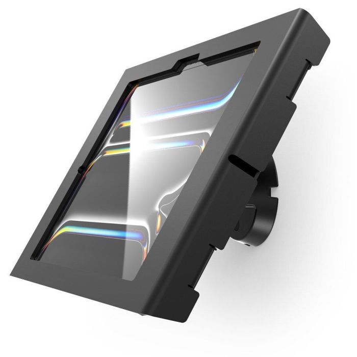 Zijaanzicht van de Compulocks Bow Apex wandhouder voor iPad Pro 11 inch, zwart, met een glanzende afwerking en montagebeugel.