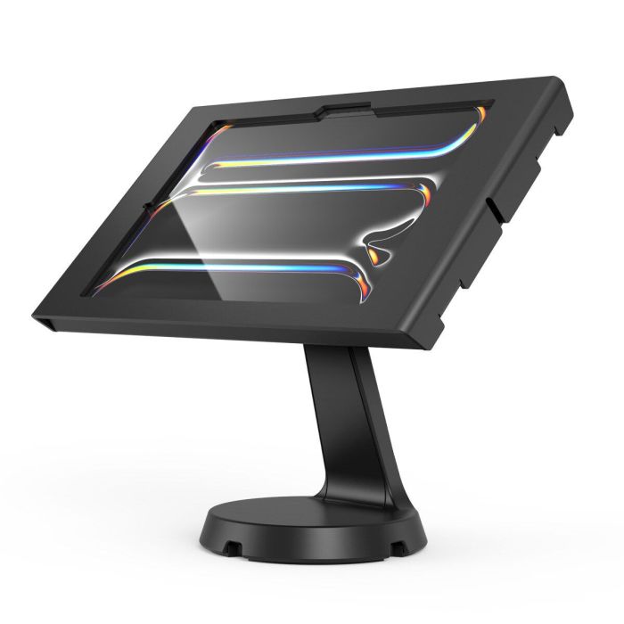 Zijaanzicht van de Compulocks Mast Apex tafelstandaard voor iPad Pro 11 inch, met een moderne, zwarte afwerking en een stevige basis.