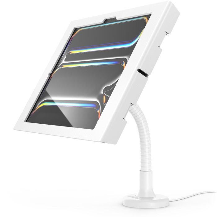 Zijaanzicht van de Compulocks Flex Apex tafelhouder voor iPad Pro 13 inch, met flexibele arm en wit ontwerp.
