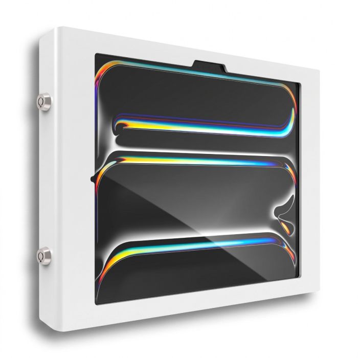 Zijaanzicht van de Compulocks Apex wandhouder voor iPad Pro 13 inch, gemonteerd aan de muur met een strak ontwerp.
