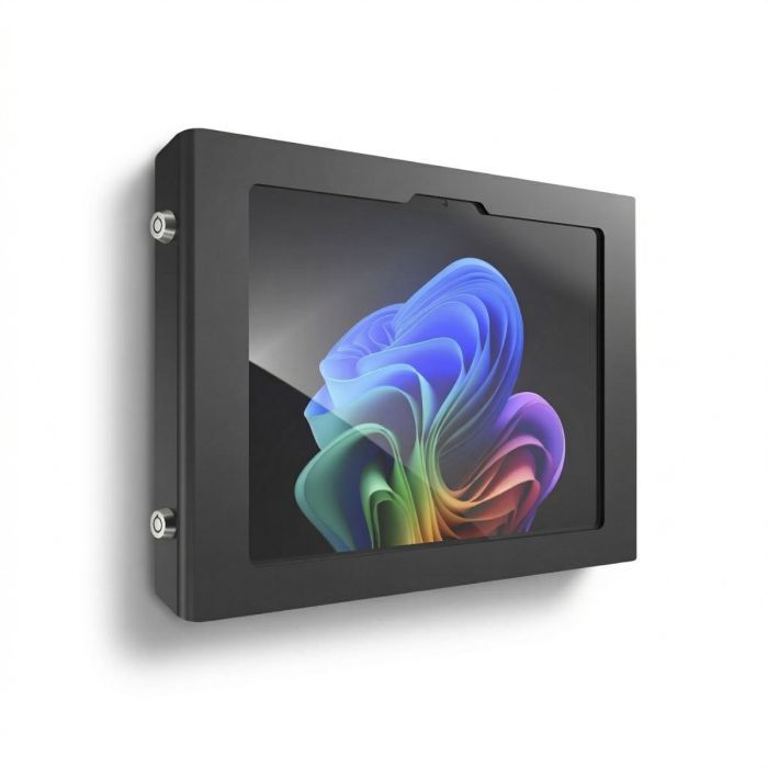 Zijaanzicht van de Compulocks Apex wandhouder voor Microsoft Surface Pro 11, gemonteerd aan de muur met een tablet zichtbaar.