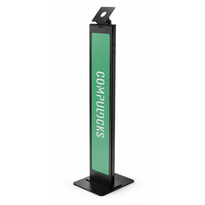 Zijaanzicht van de Compulocks BrandMe VESA vloerstandaard in zwart met groene branding.