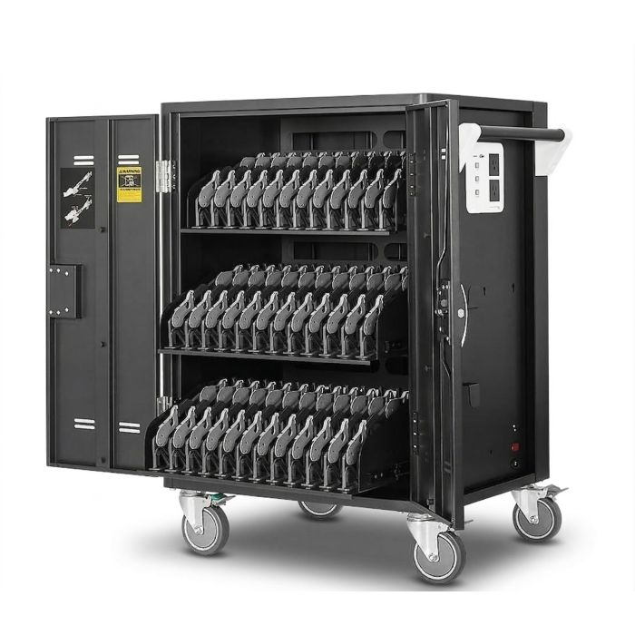 Open AVer C36i+ AC laptop oplaadkar met zichtbare oplaadcompartimenten voor 36 apparaten tot 15 inch.