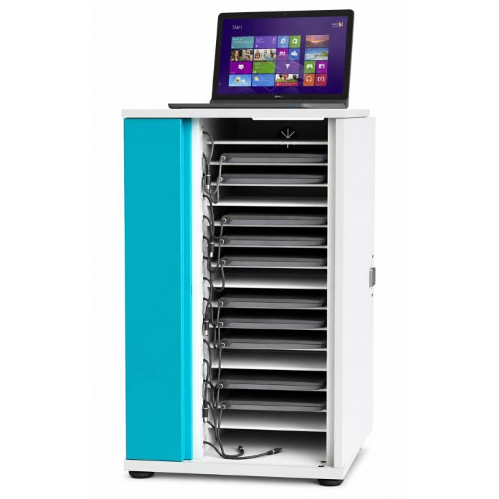 Open Zioxi laptop oplaadkast met zichtbare laadcompartimenten en kabelbeheer, laptop bovenop.