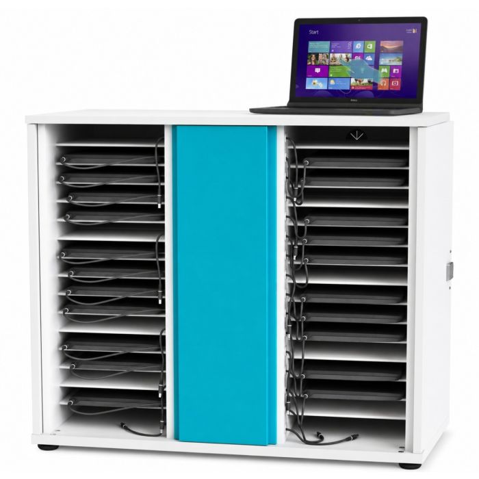 Open Zioxi laptop oplaadkast voor 32 laptops met zichtbare oplaadcompartimenten en een laptop op de bovenkant.