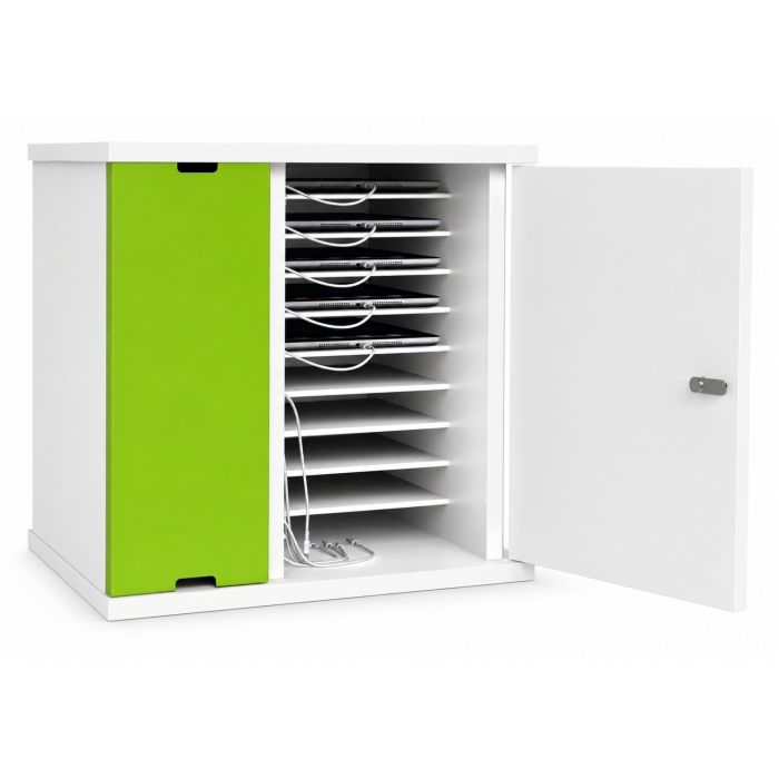 Open Zioxi iPad oplaadkast met zichtbare oplaadcompartimenten en kabelbeheer.