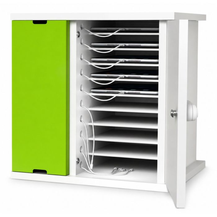 Open Zioxi iPad oplaadkast met zichtbare iPad-compartimenten en kabelbeheer.
